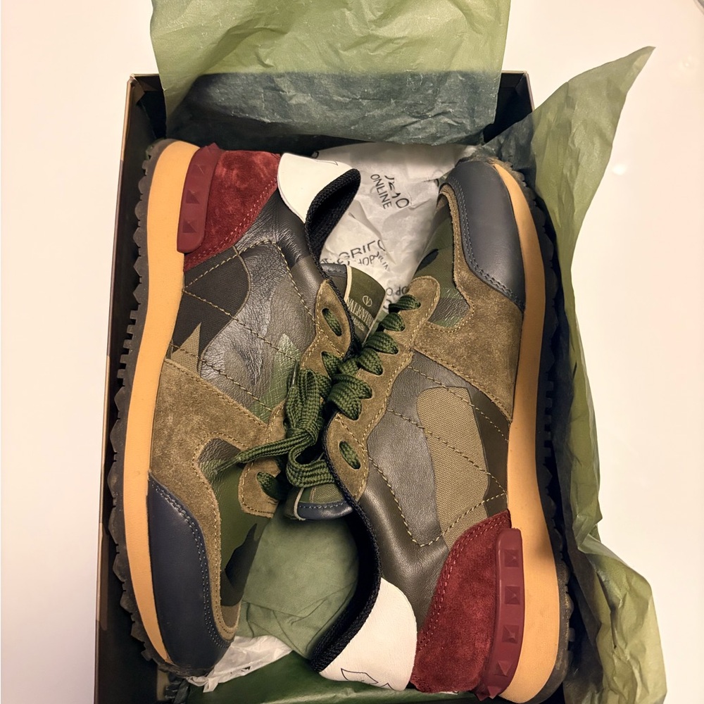 Valentino Olive Green Multi-Material Runner Sneakers with Burgundy Accents